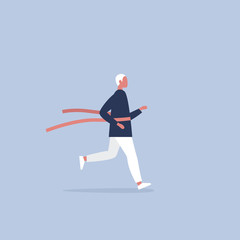Young running character crossing the finish line. Red ribbon. Race. Competition. Flat editable vector illustration, clip art