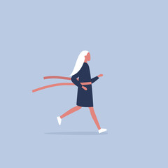 Young female running character crossing the finish line. Red ribbon. Race. Competition. Flat editable vector illustration, clip art