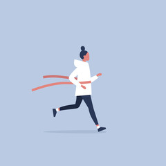 Young female running character crossing the finish line. Red ribbon. Race. Competition. Flat editable vector illustration, clip art