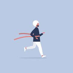 Fototapeta premium Young running character crossing the finish line. Red ribbon. Race. Competition. Flat editable vector illustration, clip art