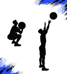 Male silhouette throwing medicine ball (medball) while his crossfit training doing the wall ball exercise. Conditioning and stamina workout. Vector illustration for web and printing. 