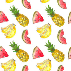 Seamless Tropical Fruits Pattern. Exotic Background with banana, watermelon, pineapple for wallpaper, wrapping Paper, fabric. Watercolor hand drawing sketch