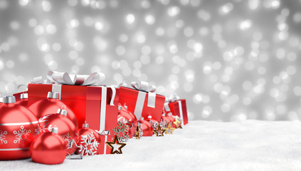 Red christmas baubles and gifts background 3D rendering