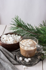 Winter hot drink. Christmas hot chocolate or cocoa with marshmallow on white background