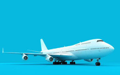 Fototapeta premium 3D illustration of airplane boeing 747 stands still isolated on blue background. Ready to take-off. Front view. Perspective.