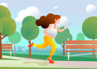 Beautiful young woman run in a urban park with city skyline on the background, flat concept illustration