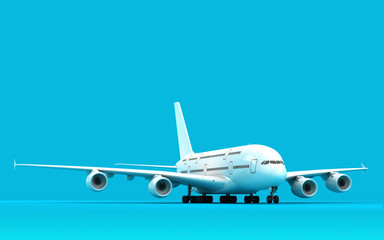White airplane Airbus A380 ready to take-off isolated on blue background. Front view. 3D illustration.