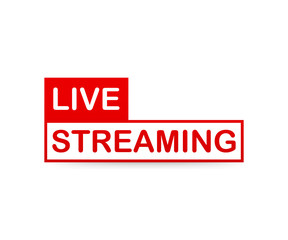 Fototapeta premium Live Streaming label. Red vector design element with play button for news and TV or online broadcasting. Vector illustration