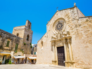 Otranto, Apulia, Italy - Jul 09, 2018: The medieval Cathedral in the historic center of Otranto, coastal town of Greek-Messapian origins in Italy, a fertile region once famous for its breed of horses