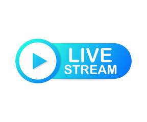 Live stream flat logo - Blue vector design element with play button. Vector illustration