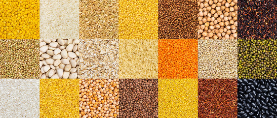 Pattern of different cereals, grains, rice and beans backgrounds