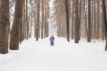 Child running in snowy forest. Toddler kid playing outdoors. Kid play in snowy park.