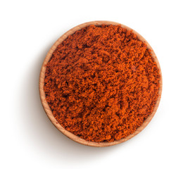 Red paprika powder isolated on white background. Top view