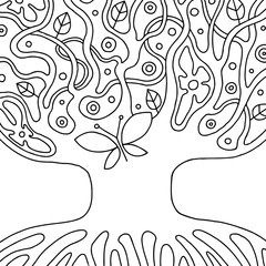 Vector black and white hand drawn illustration of psychedelic abstract tree, flowers, leaves, dots, background Decorative artistic creative picture, line drawing. Picture for coloring