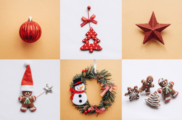 Creative idea various Christmas toys and things on multi-colored backgrounds. Celebration of Christmas and New Year. My idea and artwork.