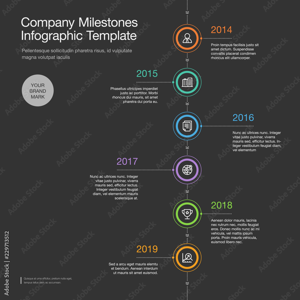 Leinwandbilder infographic for company milestones timeline template with colorful circles and icons, isolated on da