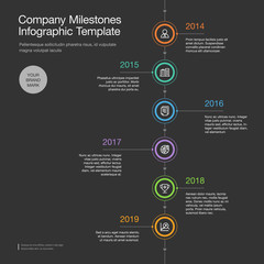 Infographic for company milestones timeline template with colorful circles and icons, isolated on dark background. Easy to use for your website or presentation.