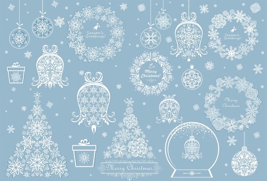 Vintage Paper Cut Out White Elements Collection With Christmas Tree, Bell, Bauble, Globe, Xmas Wreath, Giftbox, Snowflakes And Hanging Balls