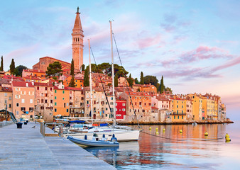 Rovinj, Istria, Croatia. Antique medieval houses and tower