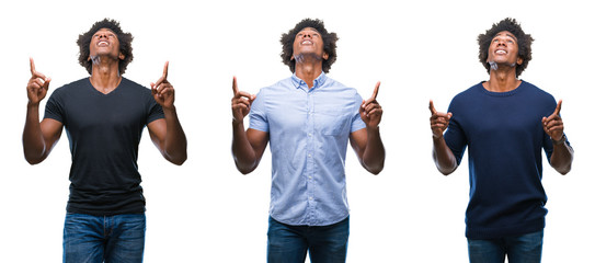 Collage of african american young handsome man over isolated background amazed and surprised looking up and pointing with fingers and raised arms.