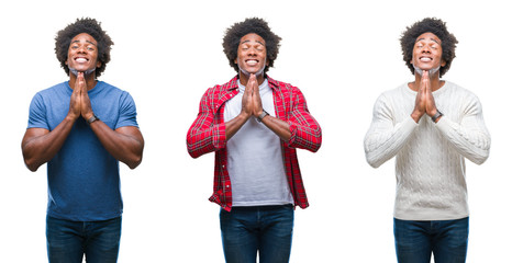 Collage of african american young handsome man over isolated background praying with hands together asking for forgiveness smiling confident.