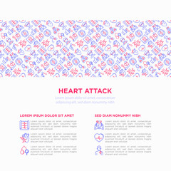 Heart attack symptomps concept wiht thin line icons: dizziness, dyspnea, cardiogram, panic attack, weakness, acute pain, cholesterol level, nausea, diabetes. Vector illustration, print media template.