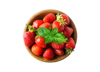 Top view. Bowls with strawberries isolated on white background. Ripe strawberries with a basil leaf close-up. Sweet and juicy berry with copy space for text.