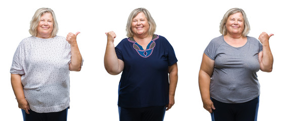 Obraz premium Collage of senior fat woman over isolated background smiling with happy face looking and pointing to the side with thumb up.