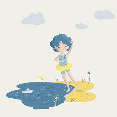  Child Aquarius plays on the beach, abstract zodiac sign for design.