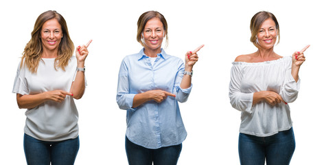 Obraz premium Collage of middle age hispanic woman over isolated background with a big smile on face, pointing with hand and finger to the side looking at the camera.