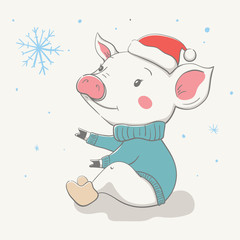Lovely cute cheerful piggy sits in a red Christmas hat and jersey or pullover. Card with cartoon animal.