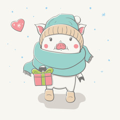 Fototapeta premium Lovely cute cheerful piggy goes in a funny scarf, hat, and felt boots with a gift. Card with cartoon animal.