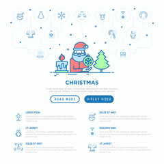 Christmas concept with thin line icons: Santa Claus, snowflake, reindeer, wreath, candy cane, polar bear in hat, angel, mitten, candle, penguin. Vector illustration, web page template.