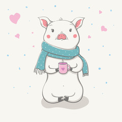 Lovely cute cheerful piggy sits in a funny scarf with cup with a heart in hands. Card with cartoon animal.