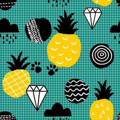Creative seamles pattern in scandinavian style with yellow pineapples.