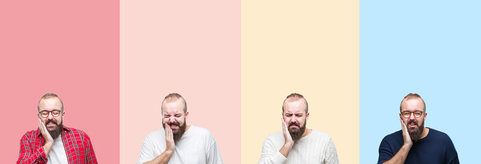 Collage of young man with beard over colorful stripes isolated background touching mouth with hand with painful expression because of toothache or dental illness on teeth. Dentist concept.