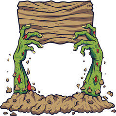 Naklejka premium Cartoon zombie hand holding wooden board