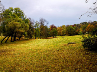 Beautiful autumn landscape in the park after rain with amazing colors. Memorial park Sumarice, Kragujevac, Serbia.