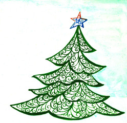 Christmas tree illustration, drawing, ink, line art, 