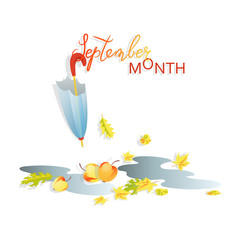 Autumn. Apples. September month. Puddles after rain, umbrella, falling autumn leaves  and apples on a light background. Composition with space for text. Design for poster, advertising, calendar.