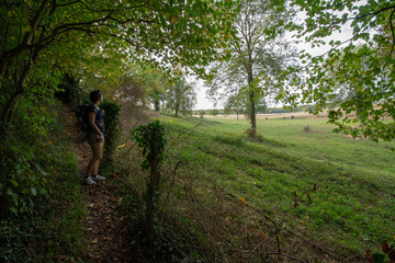 Woman looking over French countryside - 229720363