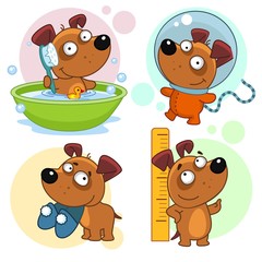Set of cartoon icons for kids and dogs design. The puppy sits in the bathroom, washes with a brush, the astronaut in a spacesuit, holds sneakers in his teeth, measures growth near the ruler.