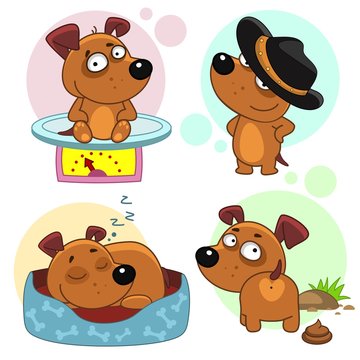 Set of cartoon icons for kids and dogs design. The puppy is sitting on the scales, wearing a cowboy hat, sleeping in a bed, on a walk, standing near a shit.