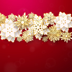 Vector Merry Christmas and Happy New Year greeting card with 3d white and gold layered paper cut snowflakes on red background