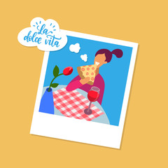 La Dolce Vita translated from Italian The Sweet Life, handwritten phrase. Vector minimalist poster with girl.