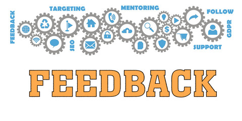 FEEDBACK Panoramic Banner with Gears icons and tags, words. Hi tech concept. Modern style