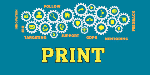 PRINT Panoramic Banner with Gears icons and tags, words. Hi tech concept. Modern style