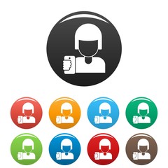 Woman take a selfie icons set 9 color vector isolated on white for any design