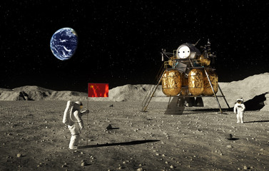 Naklejka premium Astronauts Set An Chinese Flag On The Moon