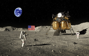 Naklejka premium Astronauts Set An American Flag On The Moon